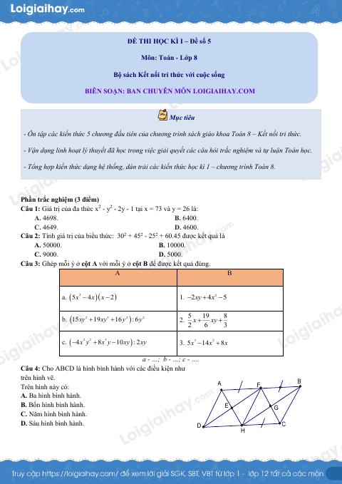 Đề thi học kì 1 Toán 8 - Đề số 5 - Kết nối tri thức
